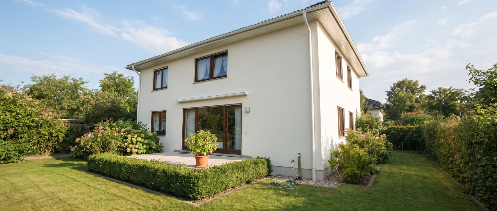 Gepflegtes unsaniertes Einfamilienhaus mit heller Putzfassade und Vorgarten in sonnigem Sommerlicht