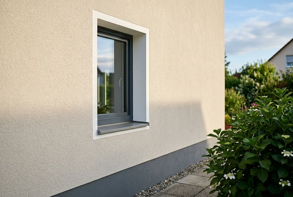 Nahaufnahme einer Hausfassade mit frisch aufgebrachter Außendämmung und sauberem hellem Oberputz
