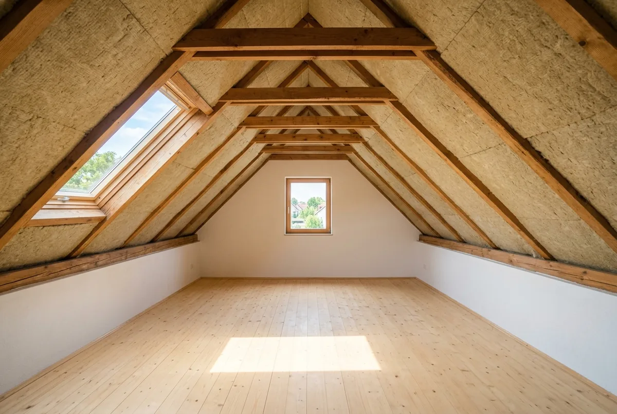 Heller ausgebauter Dachboden mit Dämmung zwischen den Sparren und Tageslicht durch ein Dachfenster