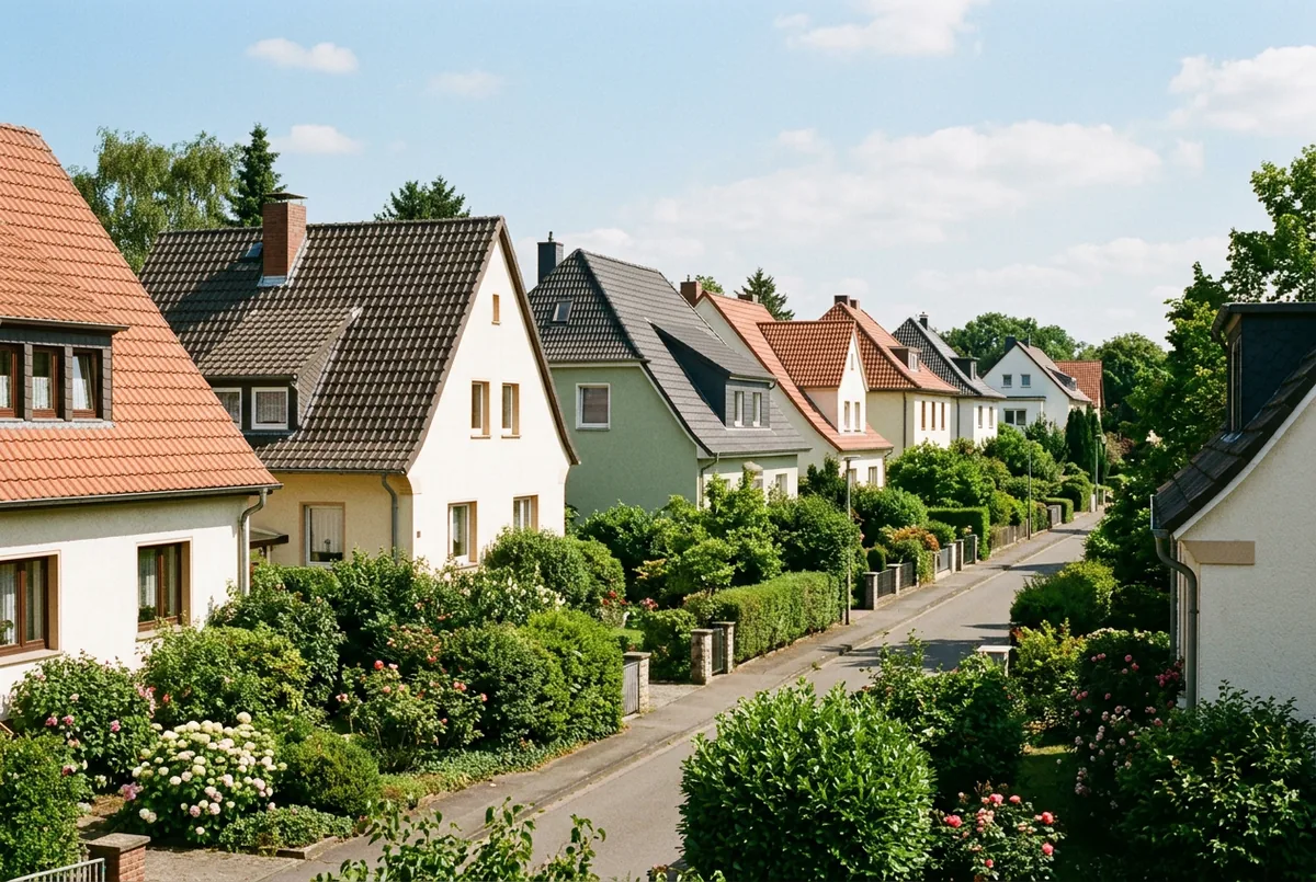 Sonnige Wohnstraße mit gepflegten Einfamilienhäusern, Hecken und Bäumen an einem Sommertag