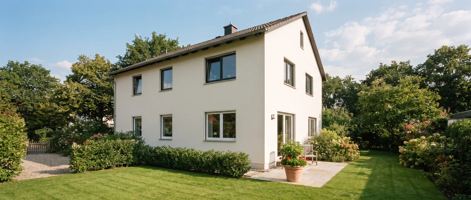 Gepflegtes Einfamilienhaus mit frisch verputzter heller Fassade und grünem Vorgarten im Sonnenlicht