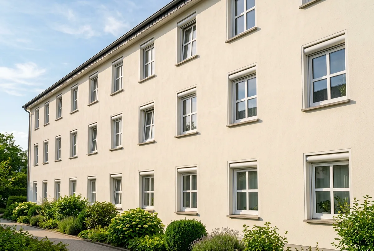 Einheitlich gedämmte und hell verputzte Fassade eines Mehrfamilienhauses in klarem Tageslicht