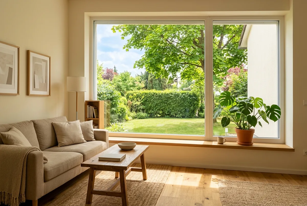Heller Wohnraum mit großem neuem Fenster und Blick in einen grünen Garten