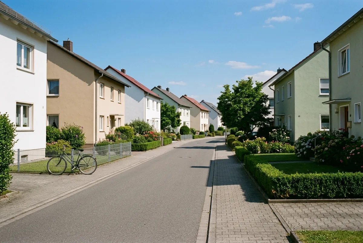Ruhige Wohnstraße mit gepflegten Vorgärten und verputzten Wohnhäusern an einem sonnigen Tag