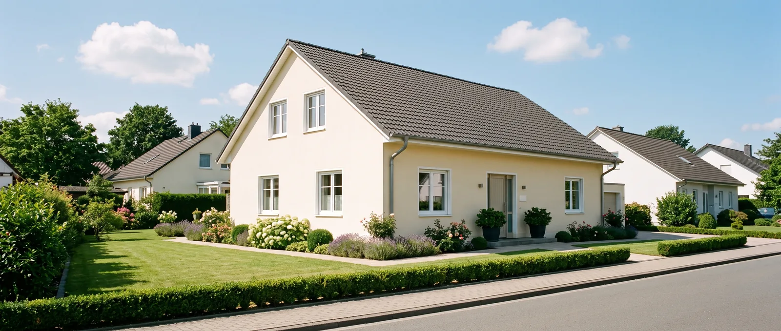 Gepflegtes Einfamilienhaus mit hell verputzter Fassade und sonnigem Vorgarten an einem Sommertag