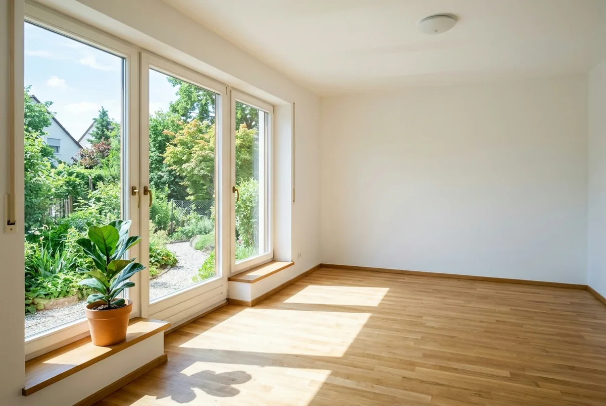 Heller leerer Wohnraum mit Eichenparkett und großem Fenster mit Blick ins sommerliche Grün