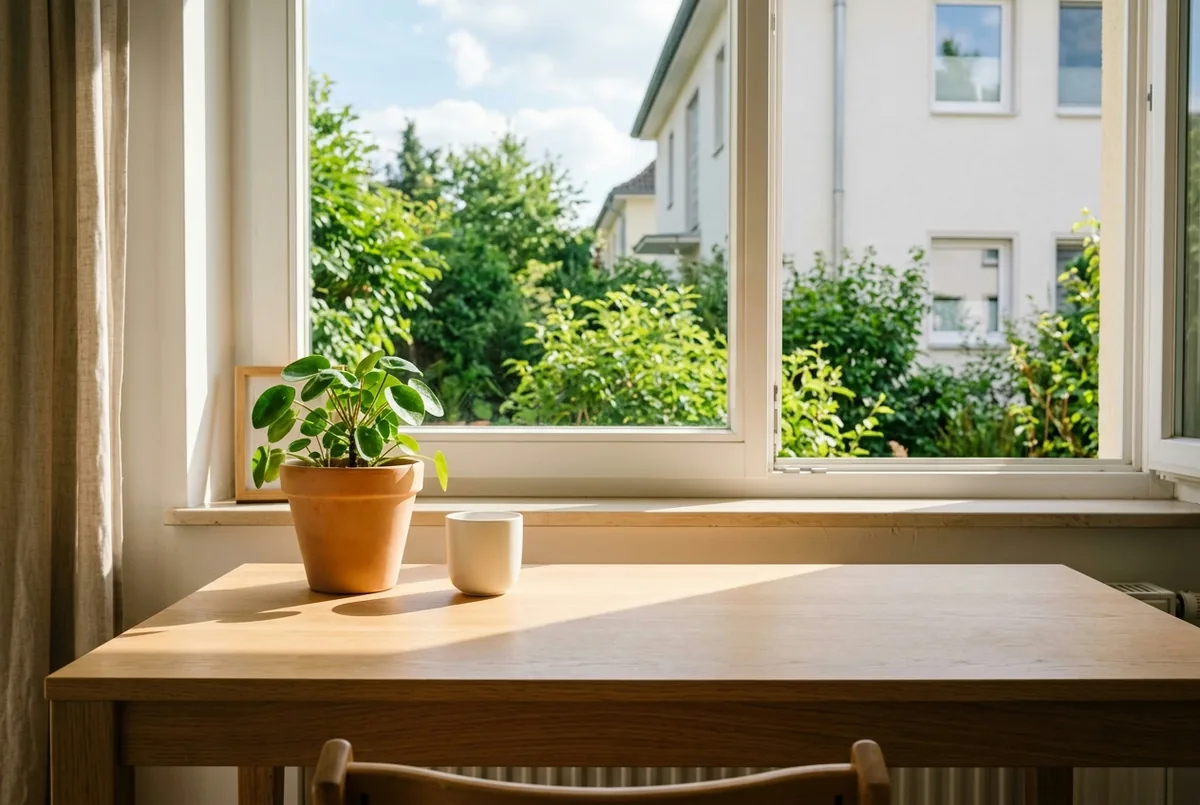 Aufgeräumter heller Schreibtisch mit leeren weißen Blättern, Stift und kleiner Zimmerpflanze