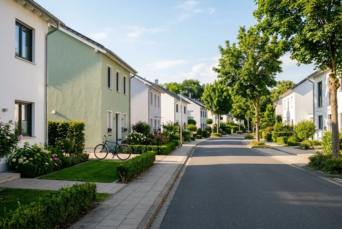 Sonnige Wohnstraße mit gepflegten verputzten Einfamilienhäusern, Hecken und Straßenbäumen