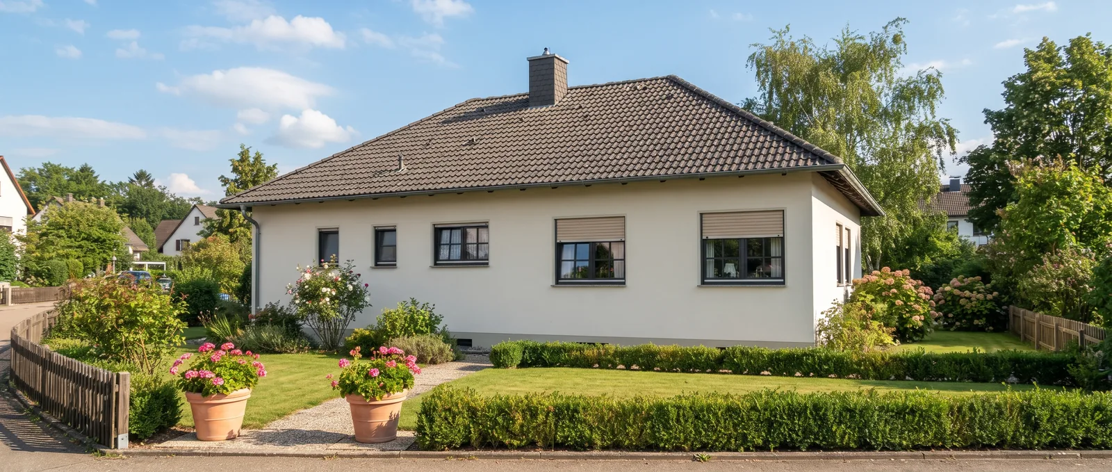 Gepflegtes freistehendes Einfamilienhaus mit heller Putzfassade und Vorgarten im Sonnenlicht