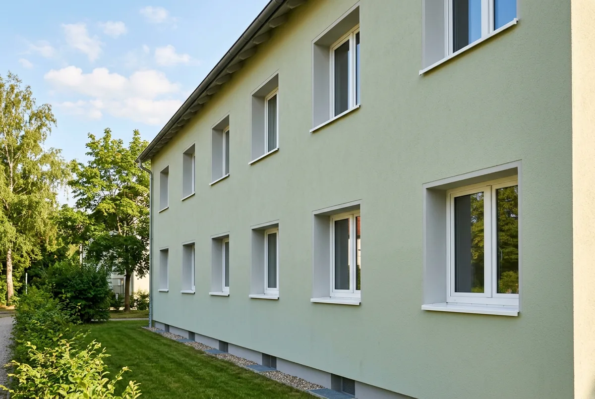 Frisch gedämmte und verputzte Fassade eines Mehrfamilienhauses in der Nachmittagssonne