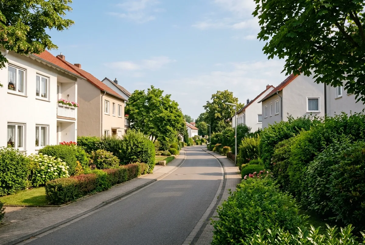 Ruhige Wohnstraße mit gepflegten Einfamilienhäusern und begrünten Vorgärten