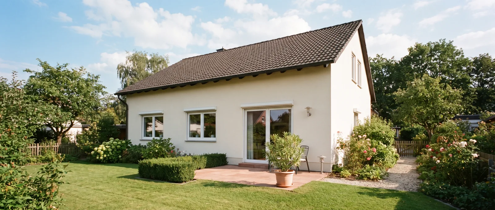 Gepflegtes freistehendes Einfamilienhaus mit heller Putzfassade und grünem Vorgarten im sonnigen Vormittagslicht