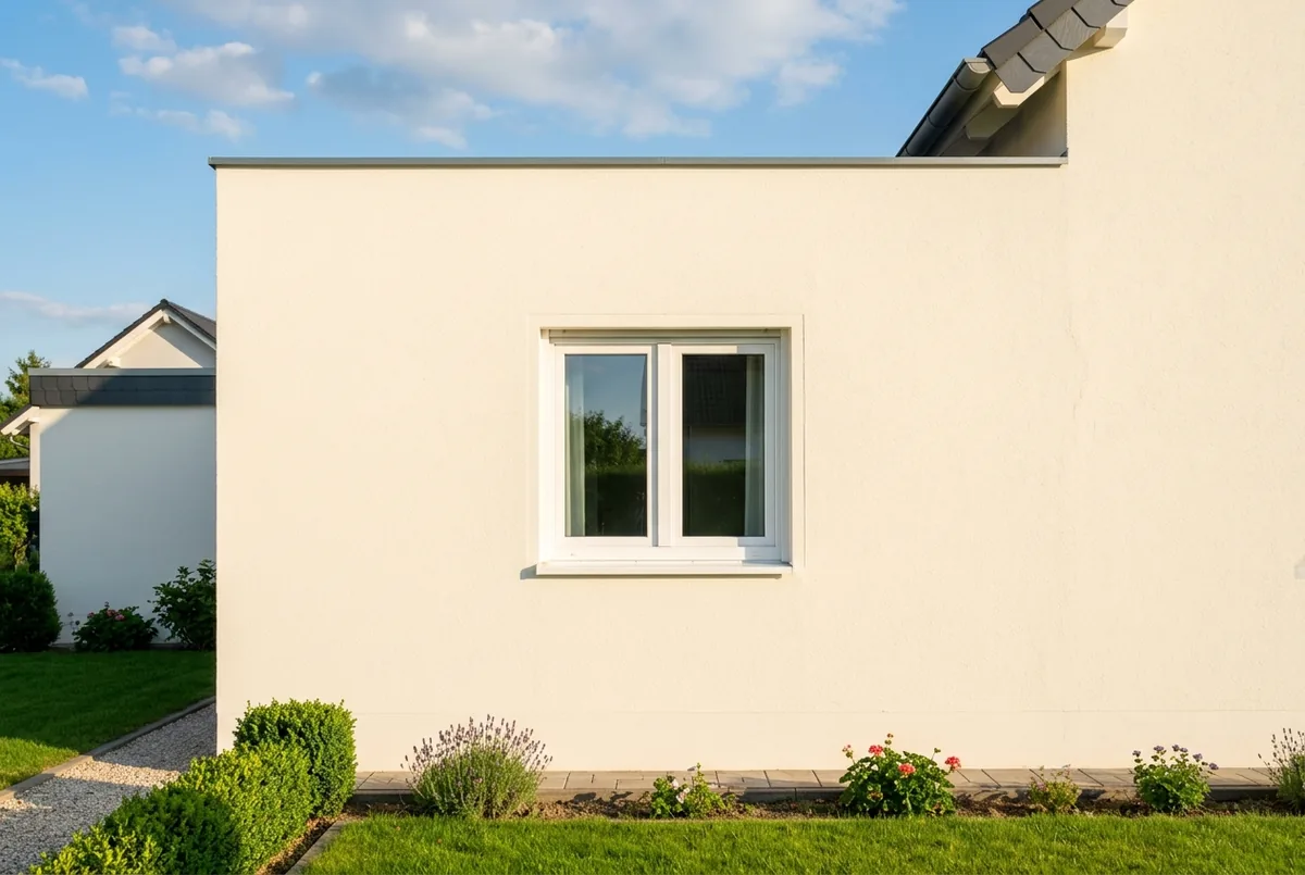 Neu gedämmte und einheitlich verputzte Hausfassade mit sauberer Fensterlaibung in klarem Sonnenlicht
