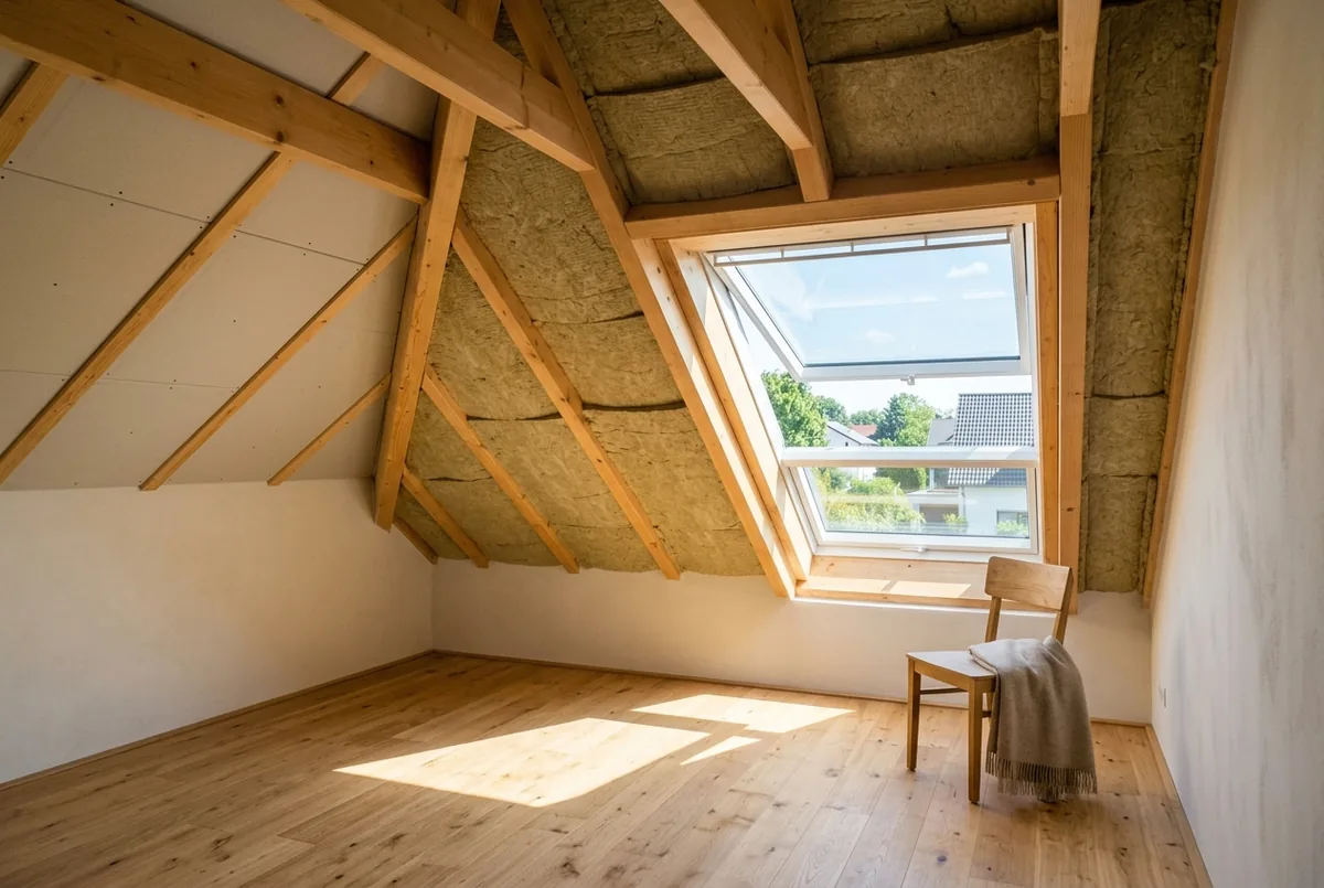Heller ausgebauter Dachraum mit sichtbaren Sparren und neuer Zwischensparrendämmung unter dem Dachfenster
