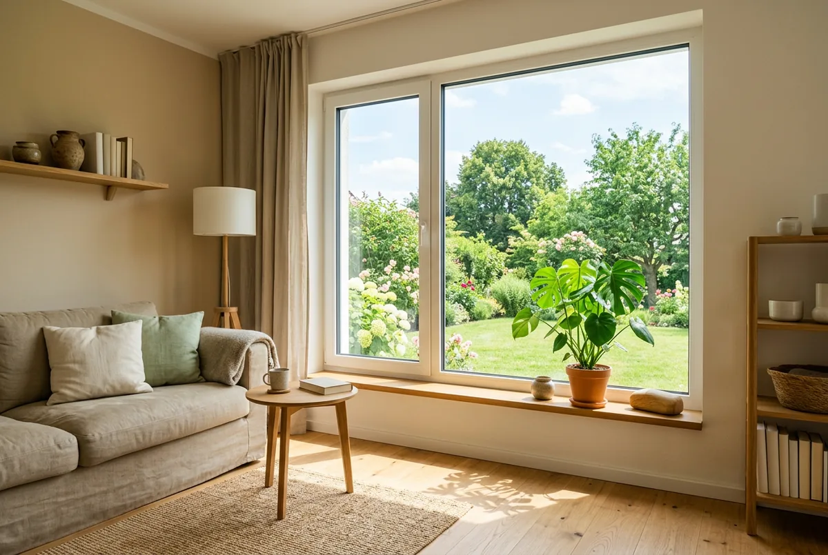Sonniger Wohnraum mit großem neuem Fenster, Zimmerpflanze und Blick auf den grünen Garten
