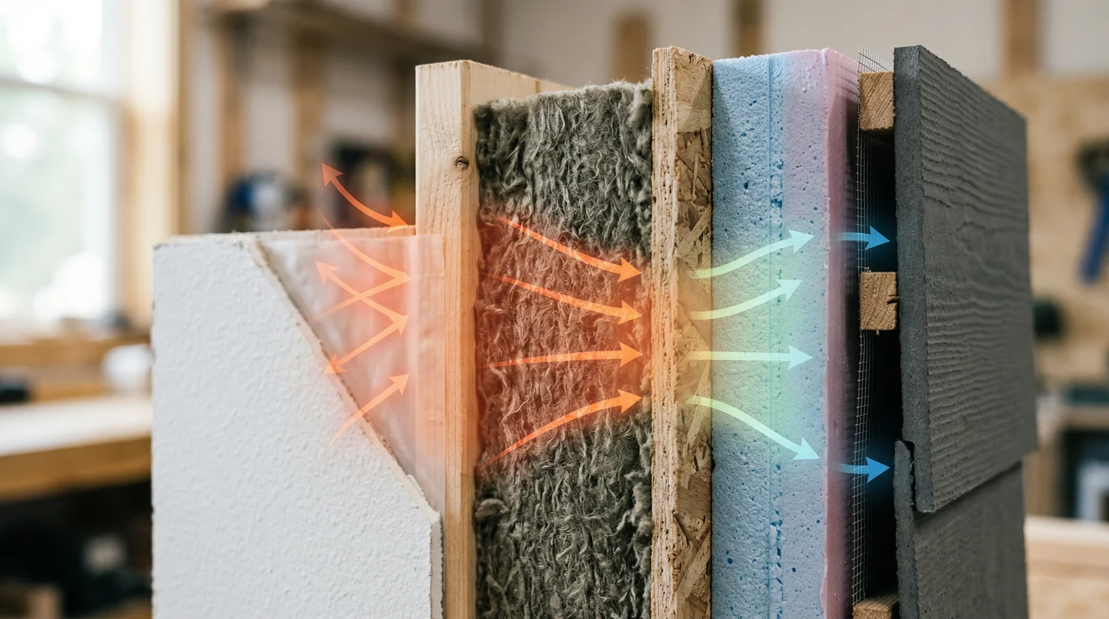 Wand-Querschnitt mit Wärmestrom und Isolation