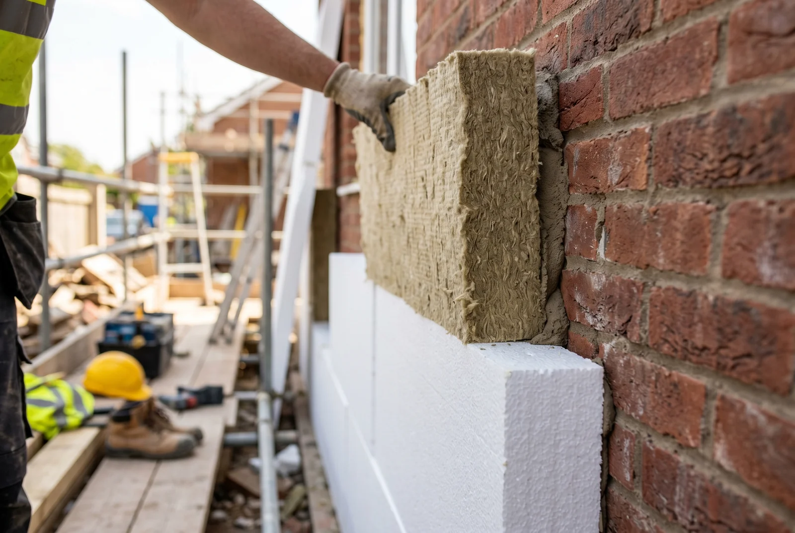 Nahaufnahme von Wärmedämmung an Hausfassade – Mineralwolle und Dämmplatten für GEG-Nachweis