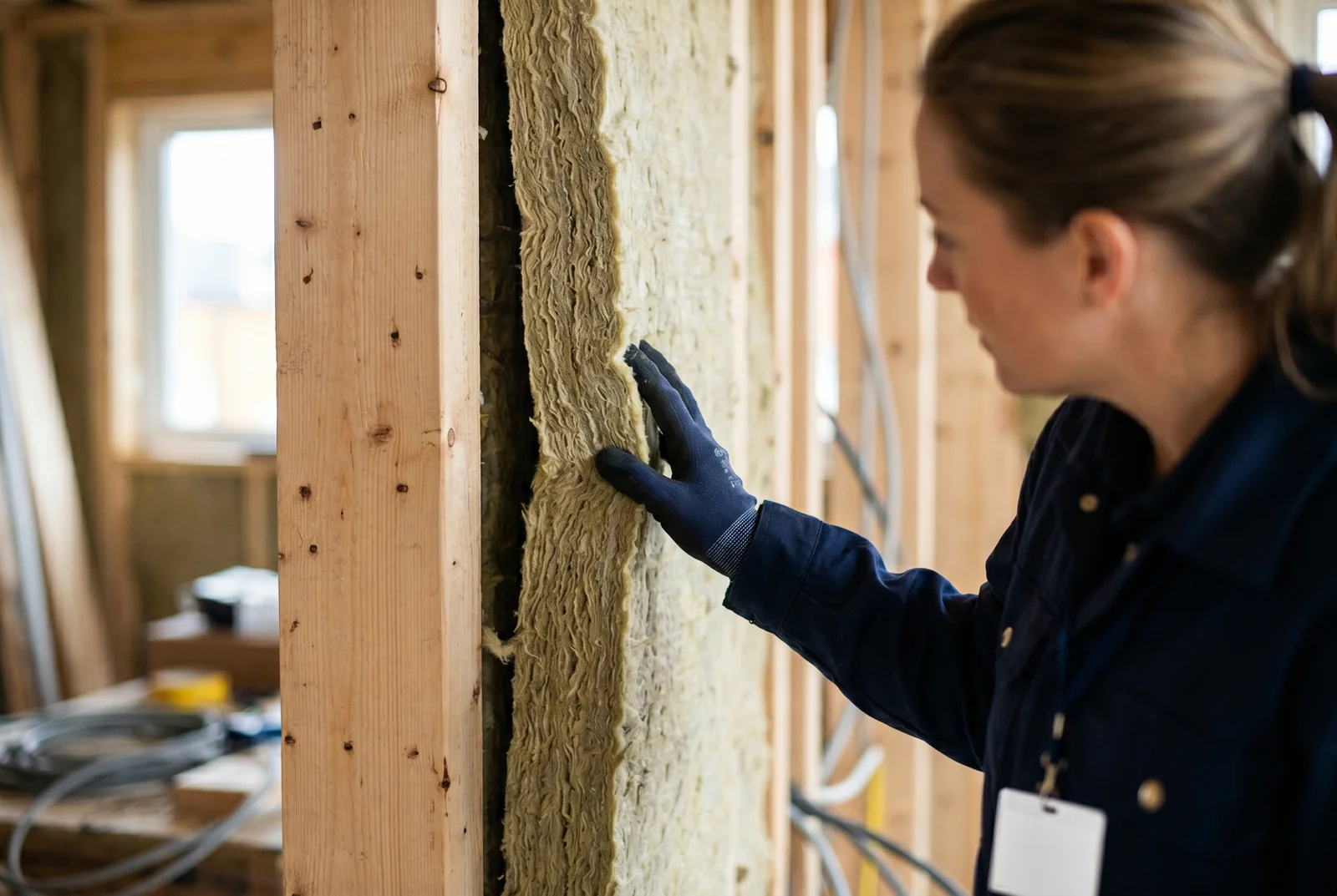 Nahaufnahme von Mineralwolle-Dämmung in einer Hauswand bei der Sanierung