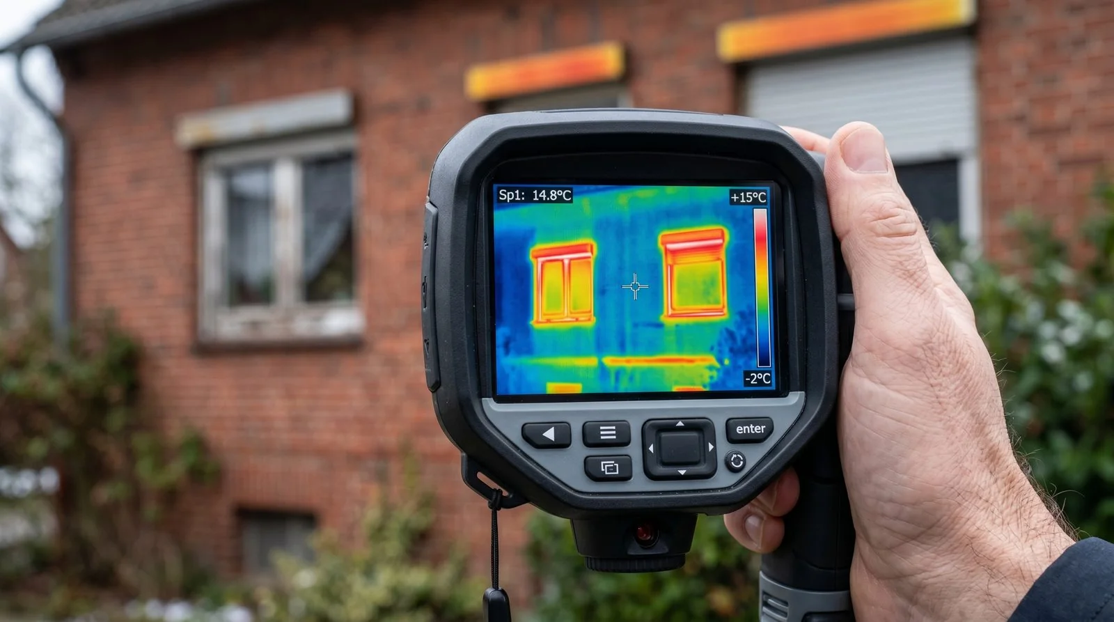 Thermografie-Aufnahme einer Hausfassade zur Analyse von Wärmeverlusten