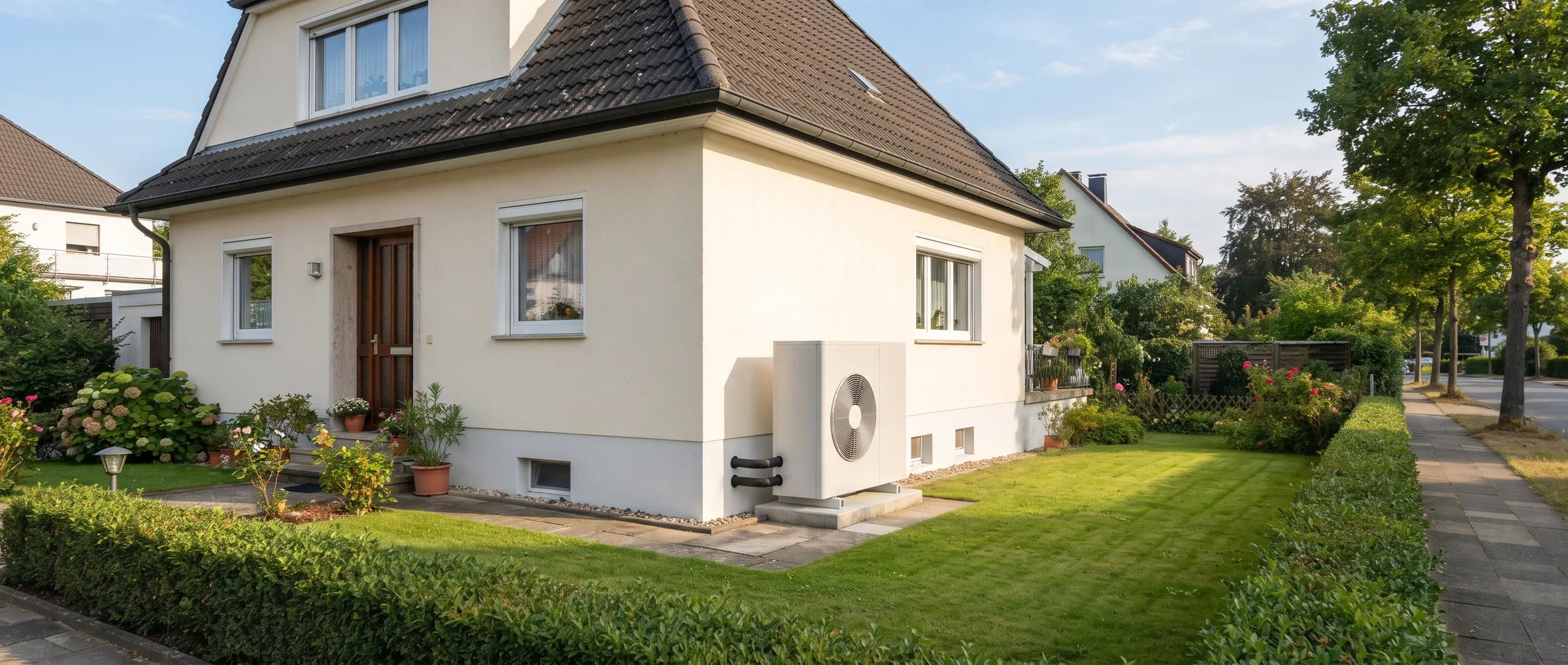 Gepflegtes Einfamilienhaus mit hellem Putz und neuer Wärmepumpe im sonnigen Vorgarten