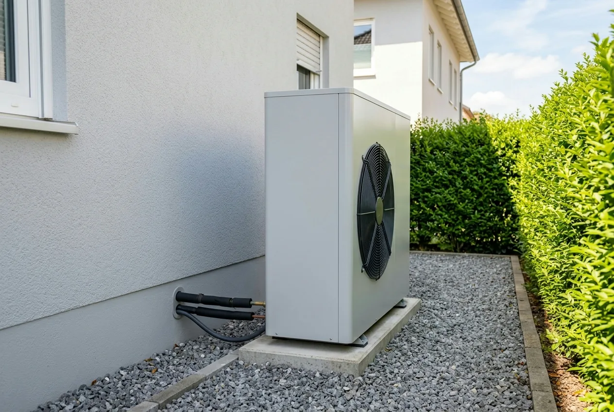 Fabrikneue Wärmepumpen-Außeneinheit an heller Hauswand neben gepflegter grüner Hecke