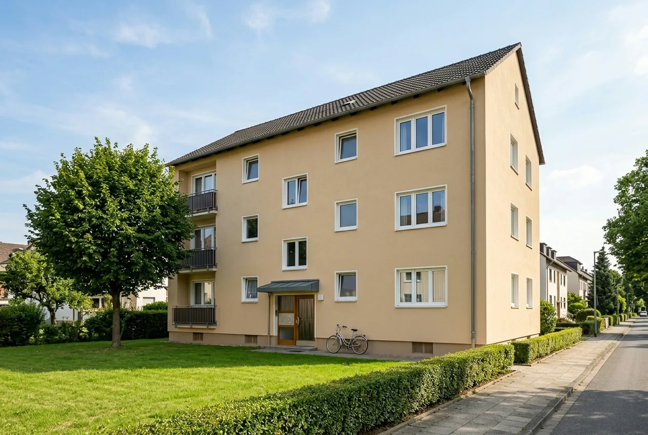 Mehrfamilienhaus mit frisch gedämmter heller Fassade und neuen Fenstern bei Sonnenschein