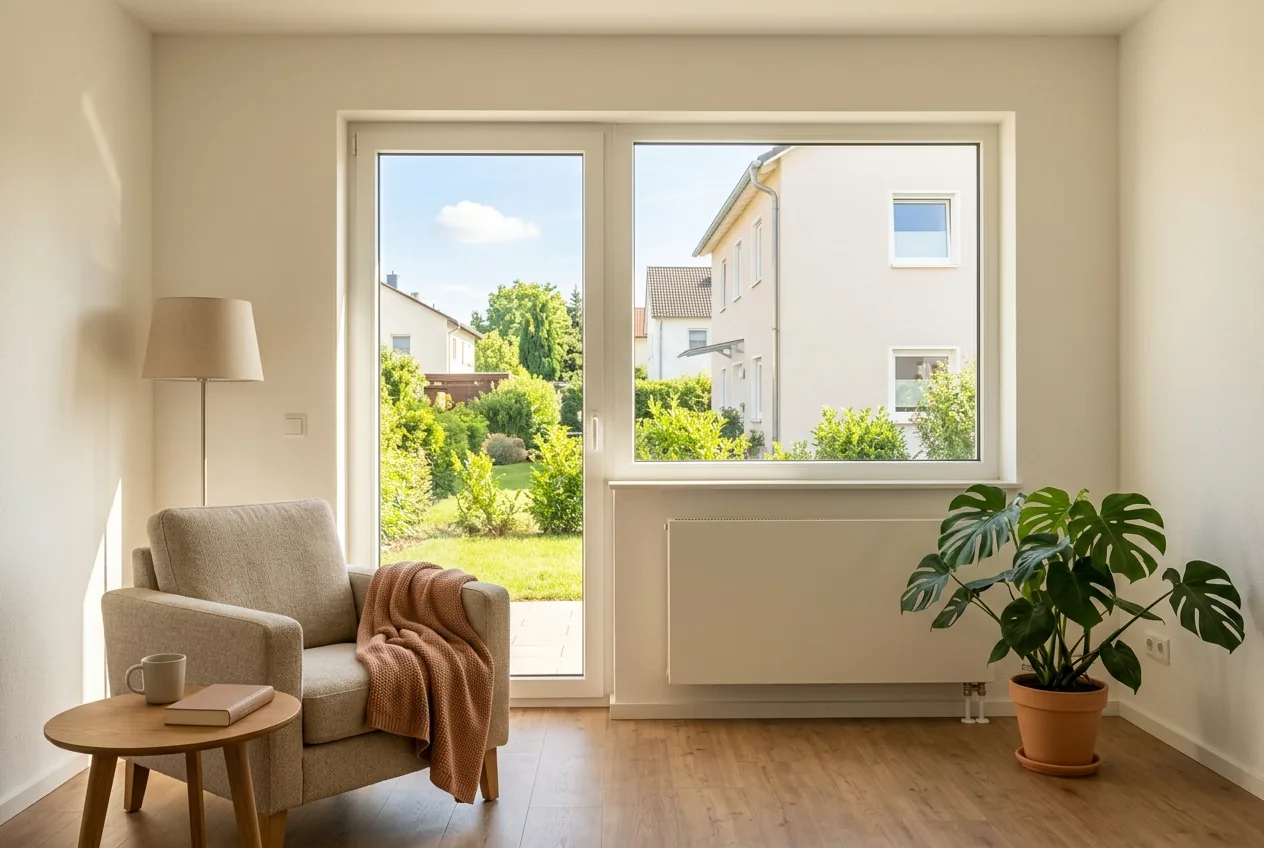 Heller Wohnraum mit Sonnenlicht, bodentiefem Fenster, flachem Heizkörper und Zimmerpflanze