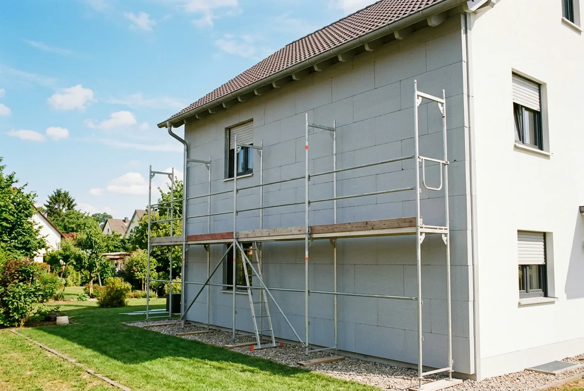 Gerüst an einer Hauswand mit vollflächig und einheitlich verlegten hellen Dämmplatten