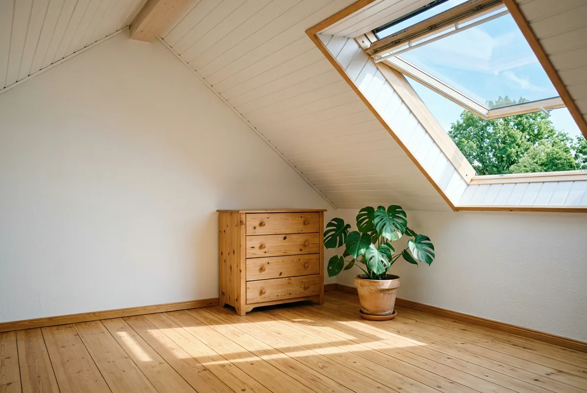 Helles Dachgeschosszimmer mit weißer Dachschräge, großem Dachfenster und Zimmerpflanze