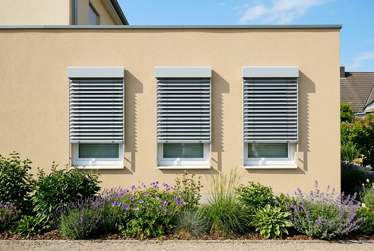 Helle Hausfassade mit außenliegenden Raffstoren vor den Fenstern an einem sonnigen Sommertag