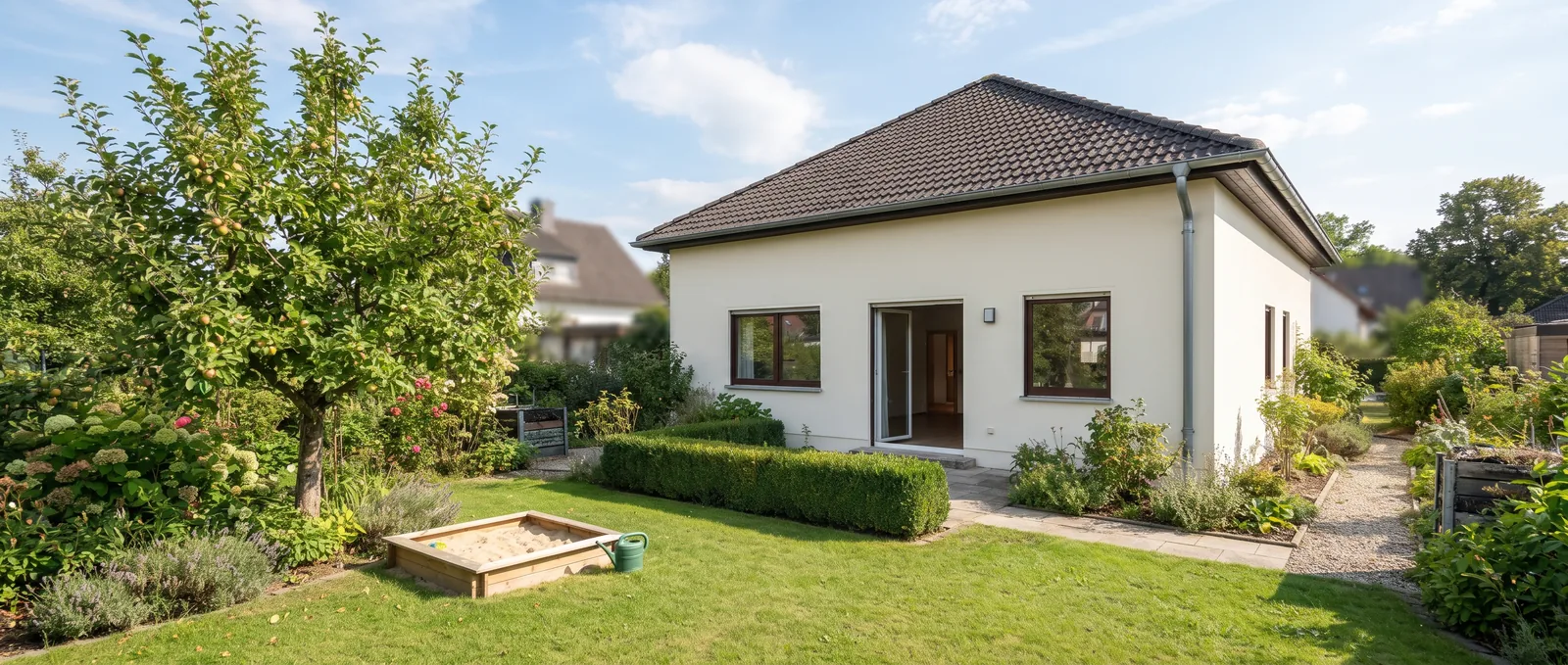 Gepflegtes Einfamilienhaus mit heller Putzfassade und sonnigem Familiengarten mit Rasen und Hecke