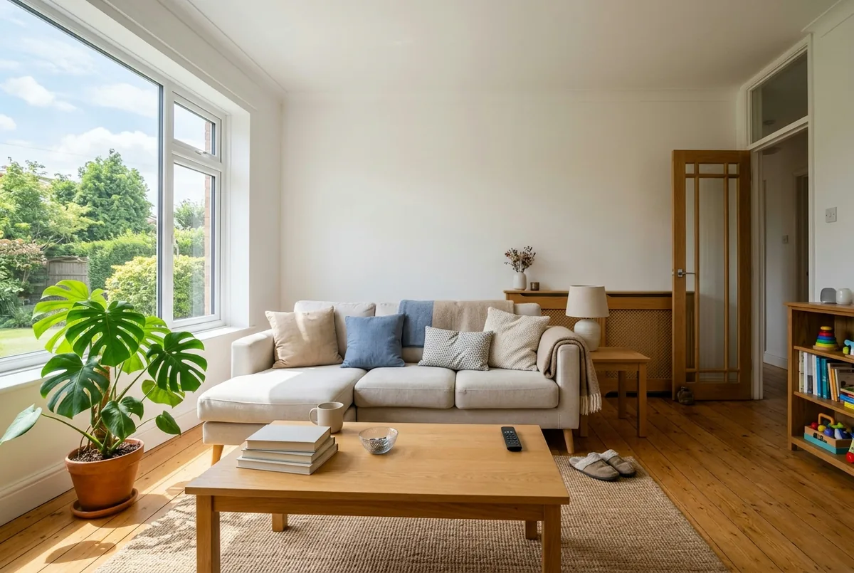 Heller Wohnraum mit Tageslicht, Holzboden, Sofa und großer Zimmerpflanze am Fenster