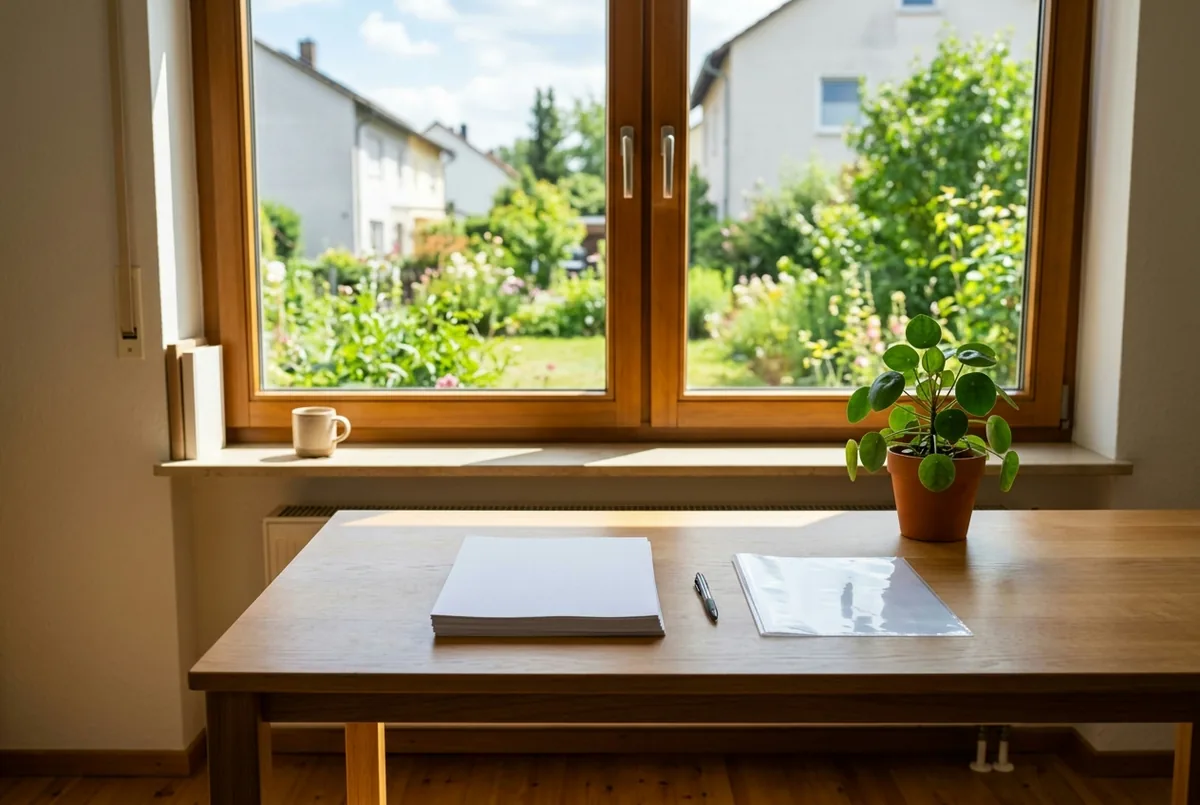 Aufgeräumter Schreibtisch am Fenster mit leeren weißen Blättern, Stift und kleiner Pflanze