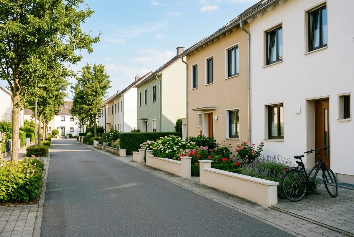 Gepflegte Wohnstraße mit verputzten Einfamilienhäusern, Vorgärten und Straßenbäumen im Sommer