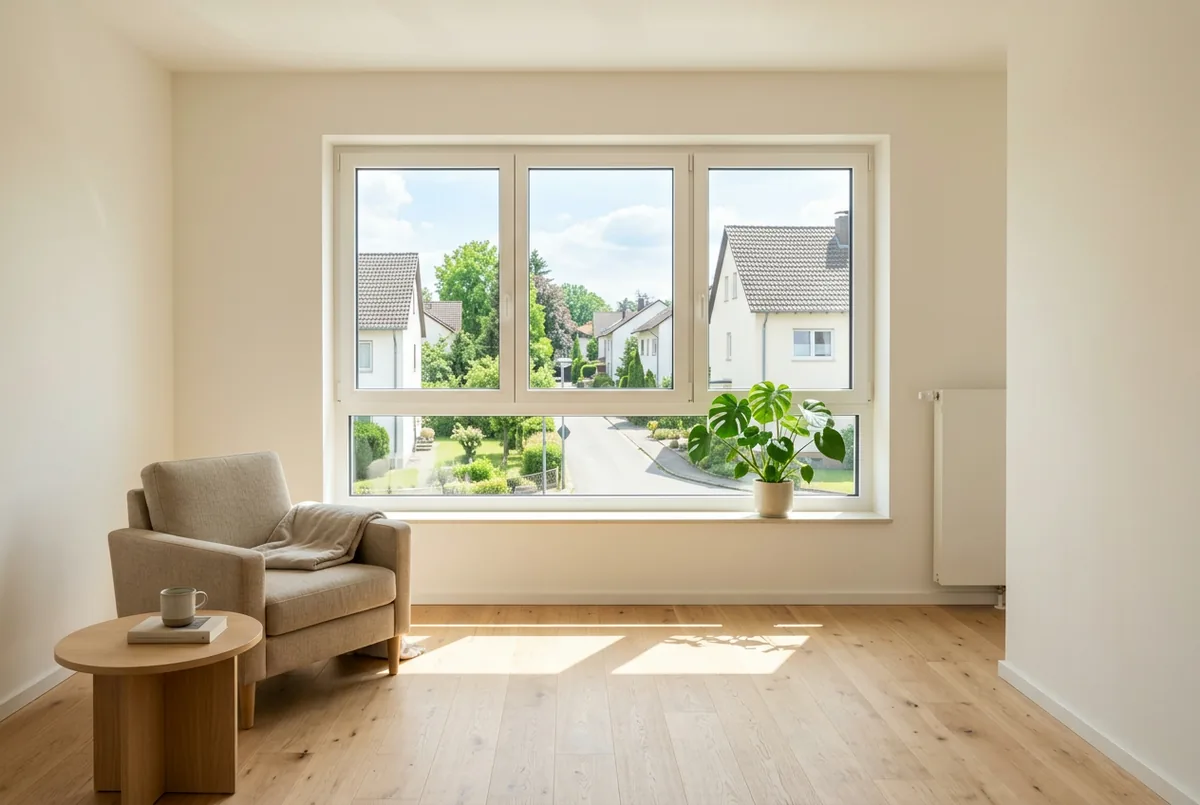 Heller Wohnraum mit neuem, breitem Fenster, Sonnenlicht auf dem Holzboden und einer Zimmerpflanze