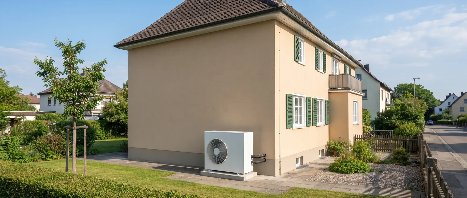 Gepflegtes Zweifamilienhaus mit hellem Putz und Wärmepumpe im Garten an einem sonnigen Sommertag