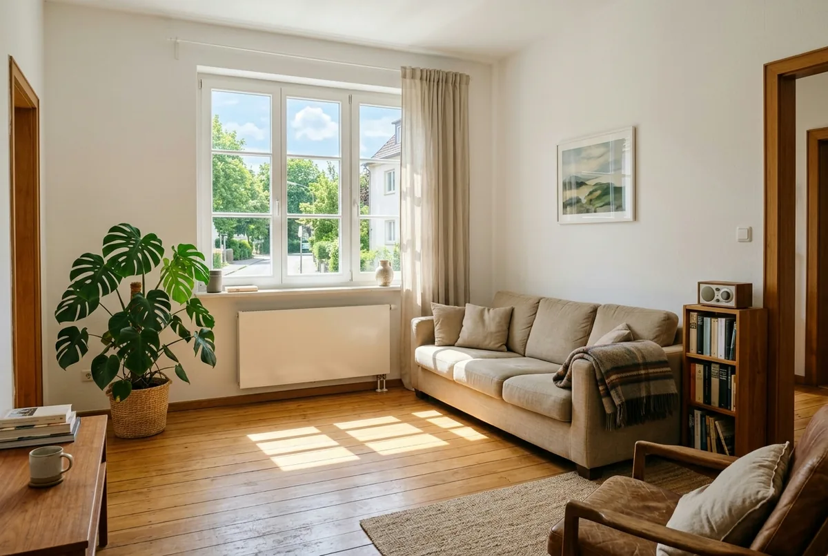 Helles Wohnzimmer im Altbau mit Flachheizkörper unter dem Fenster und Sonnenlicht auf dem Dielenboden