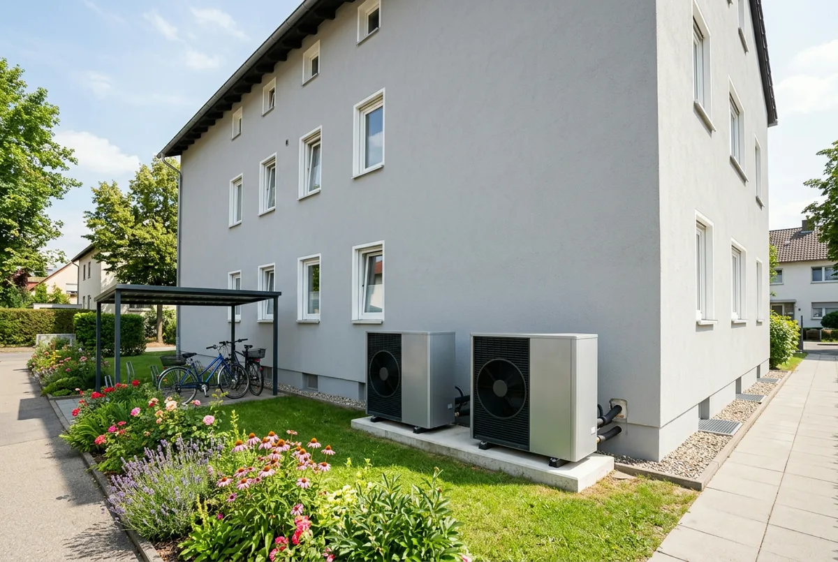 Kleines dreigeschossiges Mehrfamilienhaus mit hellem Putz, Rasen und zwei Wärmepumpen an der Seitenwand