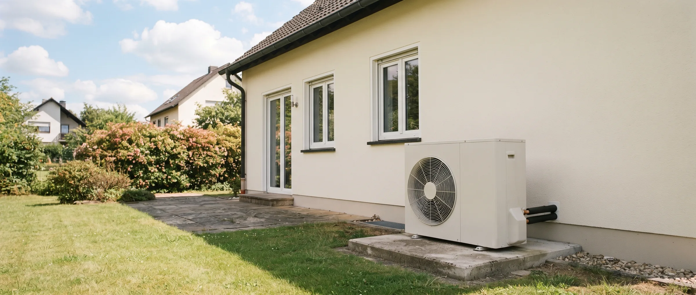 Freistehendes Einfamilienhaus mit hellem Putz und gepflegtem Garten an einem sonnigen Sommertag