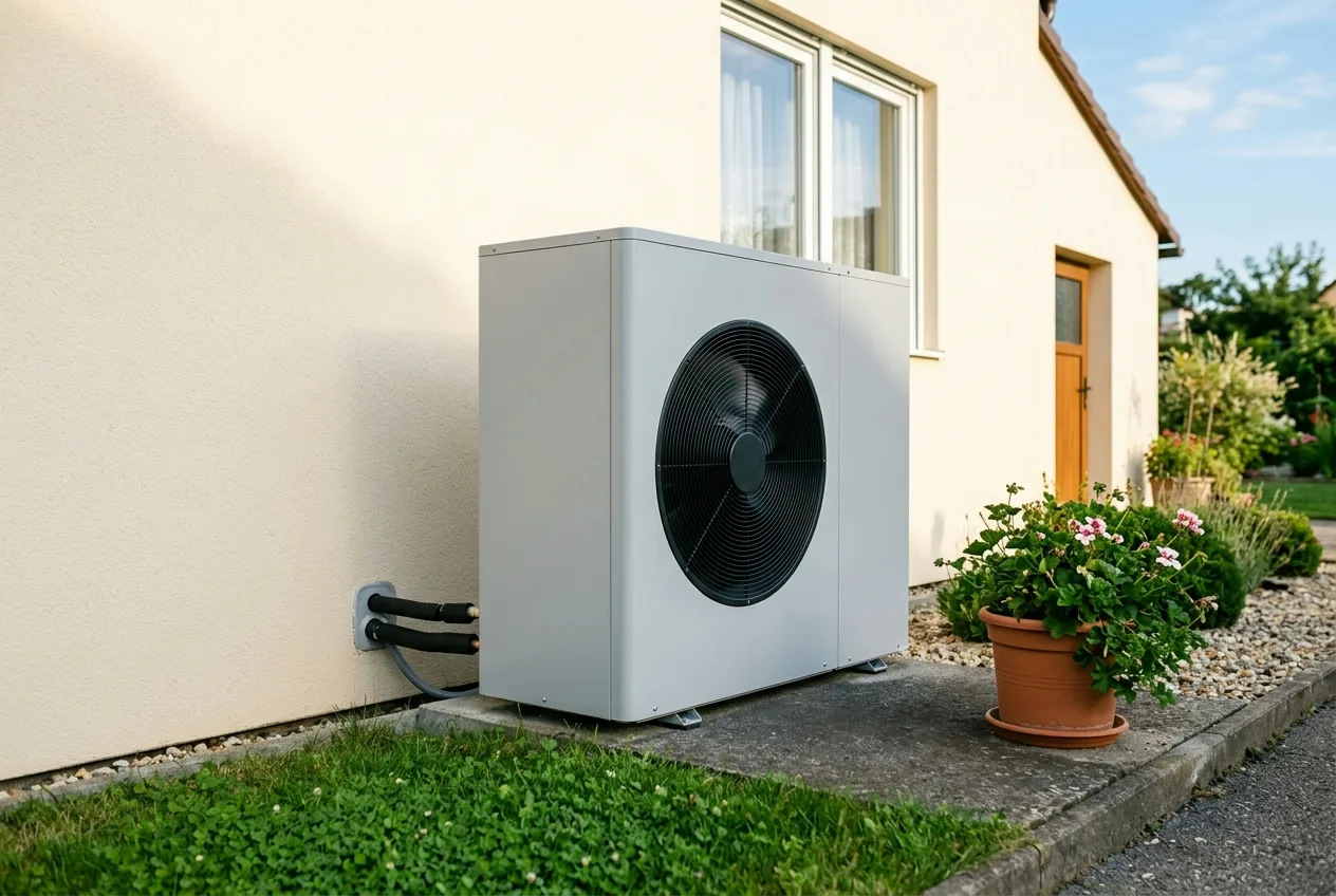 Neue Wärmepumpen-Außeneinheit auf Betonfundament an einer verputzten Hauswand im Sonnenlicht