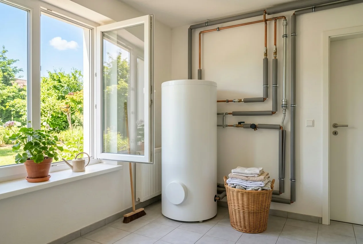 Heller Hauswirtschaftsraum mit Warmwasserspeicher und sauber verlegten Leitungen bei Tageslicht