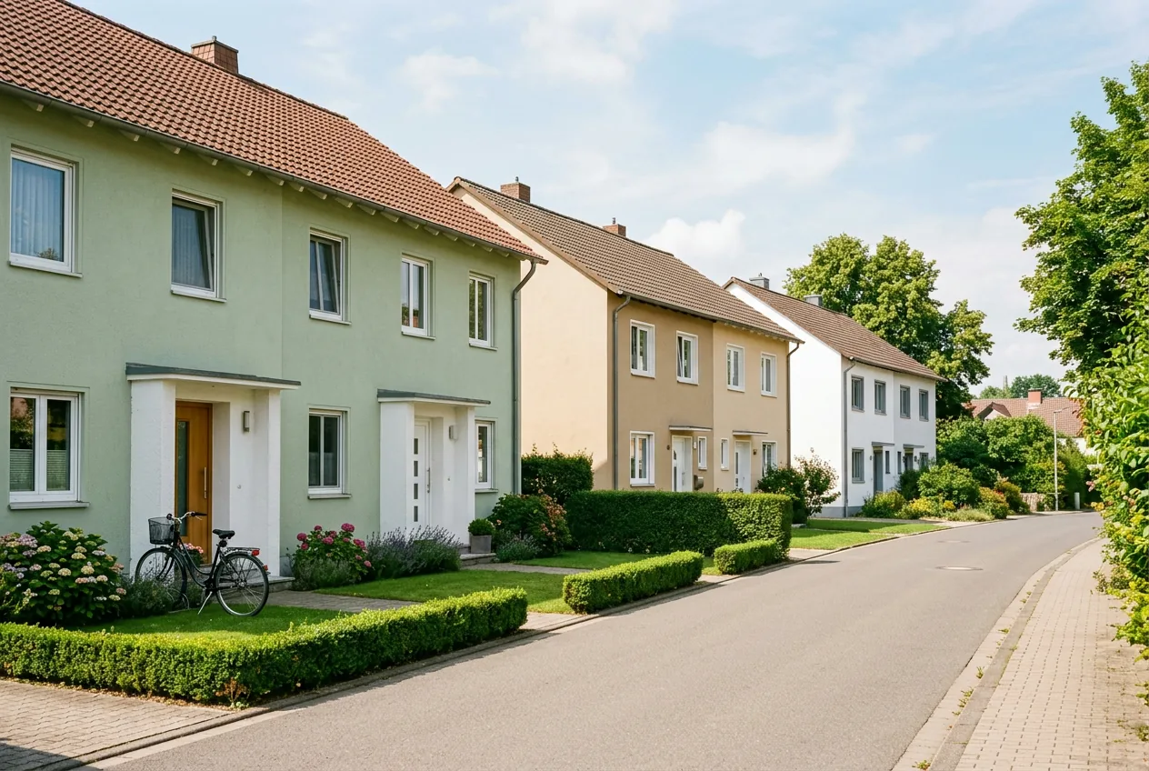 Ruhige Wohnstraße mit gepflegten Doppelhäusern und Vorgärten im Licht des späten Vormittags