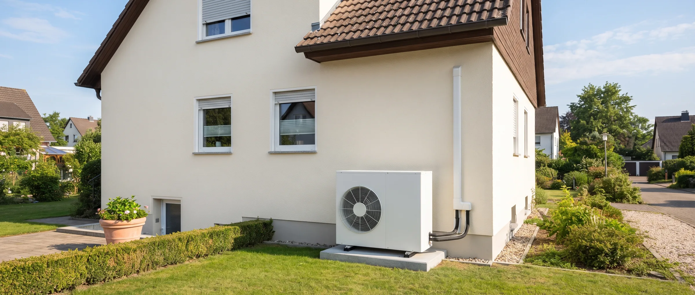 Gepflegtes Einfamilienhaus mit heller Putzfassade und neuer Wärmepumpen-Außeneinheit an der Seitenwand