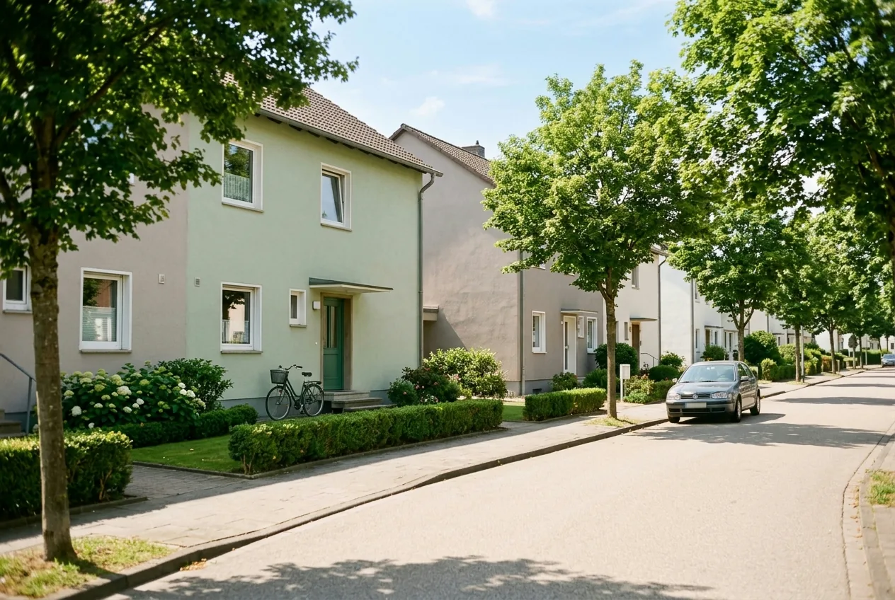 Ruhiger Wohnstraßenzug im Sommer mit gepflegten Putzfassaden, Vorgärten und Straßenbäumen