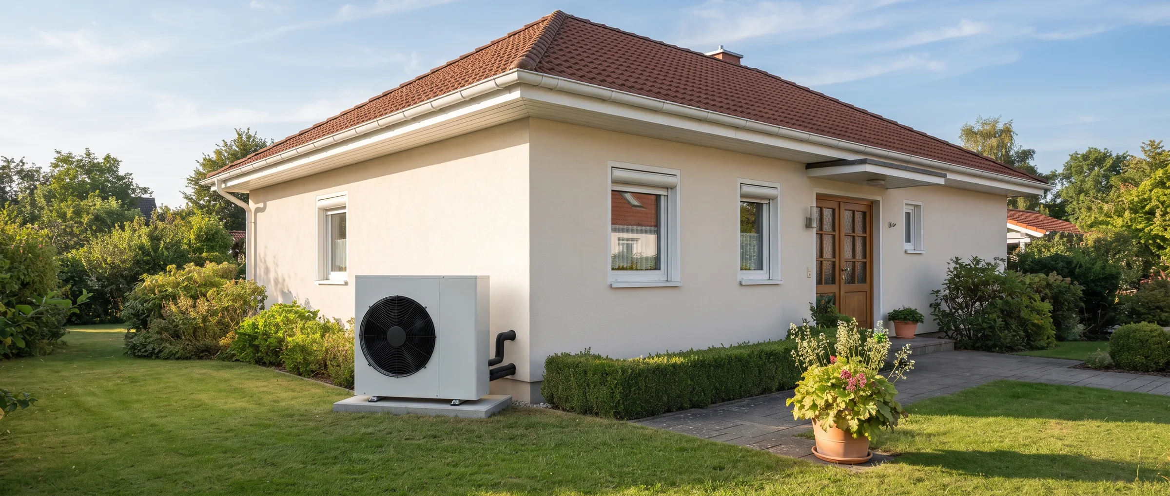 Gepflegtes Einfamilienhaus mit heller Putzfassade und neuer Wärmepumpen-Außeneinheit im sonnigen Vorgarten