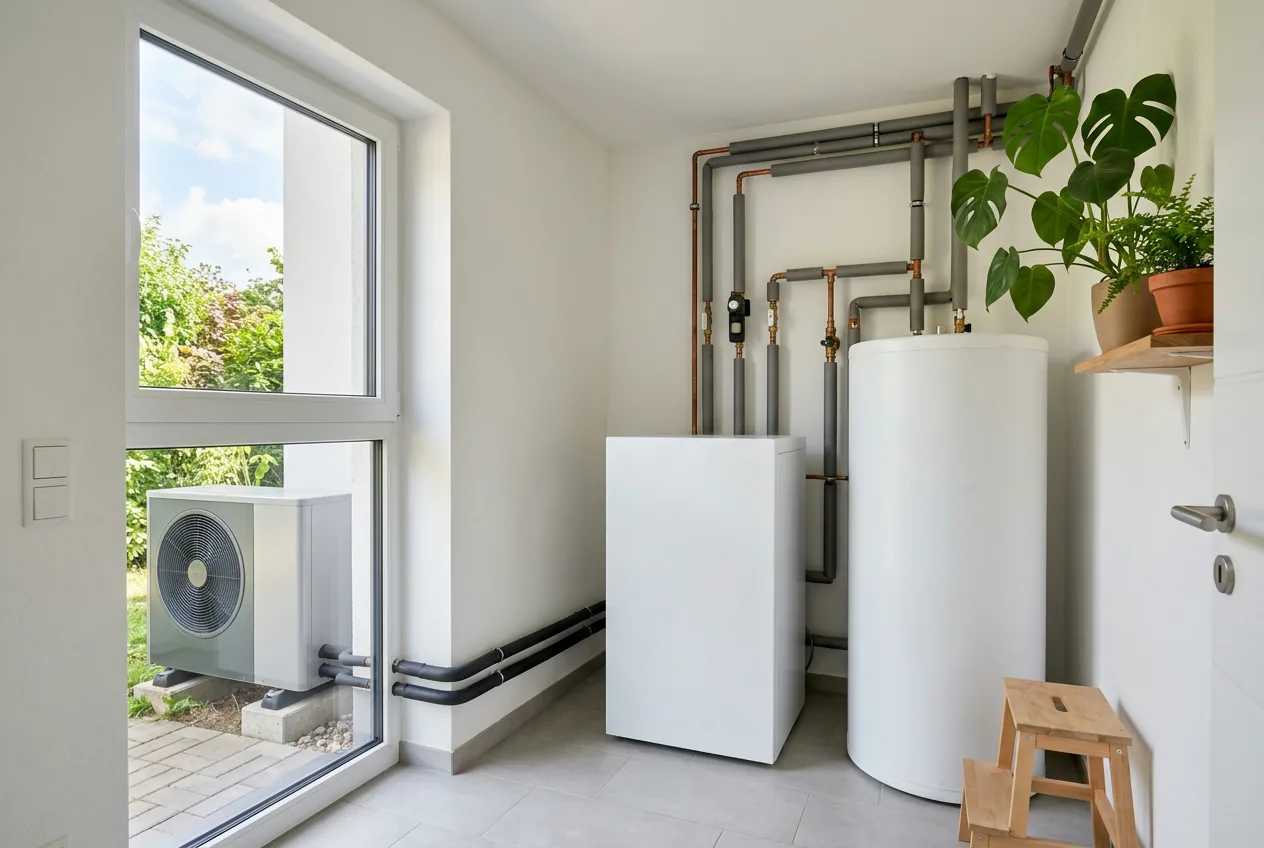 Heller Technikraum eines Wohnhauses mit Innengerät einer Wärmepumpe und Pufferspeicher am Tageslichtfenster