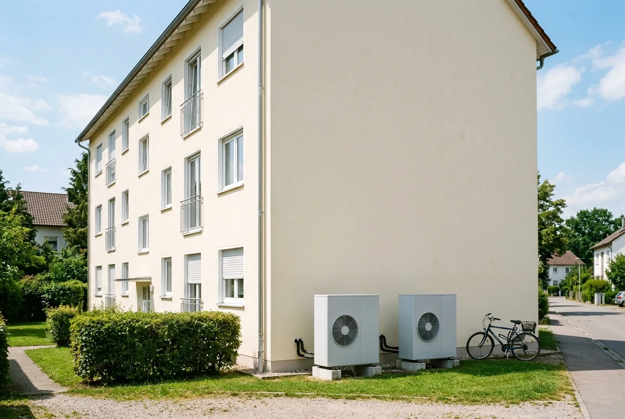 Sonnige Ansicht eines gepflegten Mehrfamilienhauses mit zwei Wärmepumpen-Außeneinheiten an der Seitenfassade