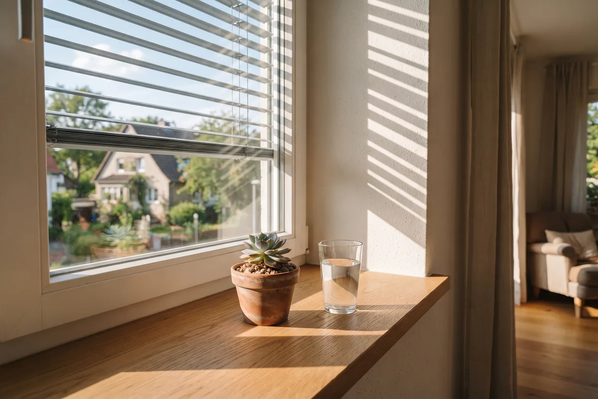 Lamellen filtern die Sonne, Streifenschatten auf Fensterbank und Wand