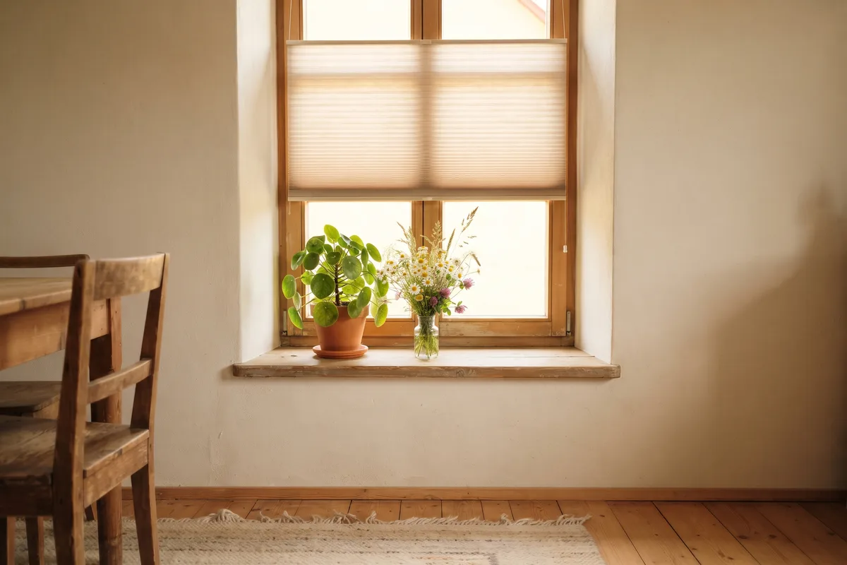 Plissee am Fensterflügel als innenliegender Hitzeschutz ohne Bohren