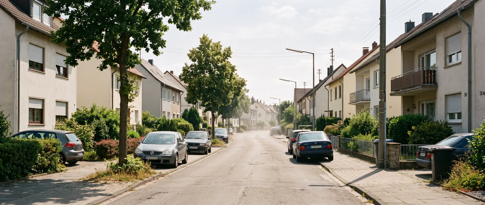 Wohnstraße mit verputzten Häusern im Hochsommer, Klimaanlage mit Förderung über die Luft-Luft-Wärmepumpe